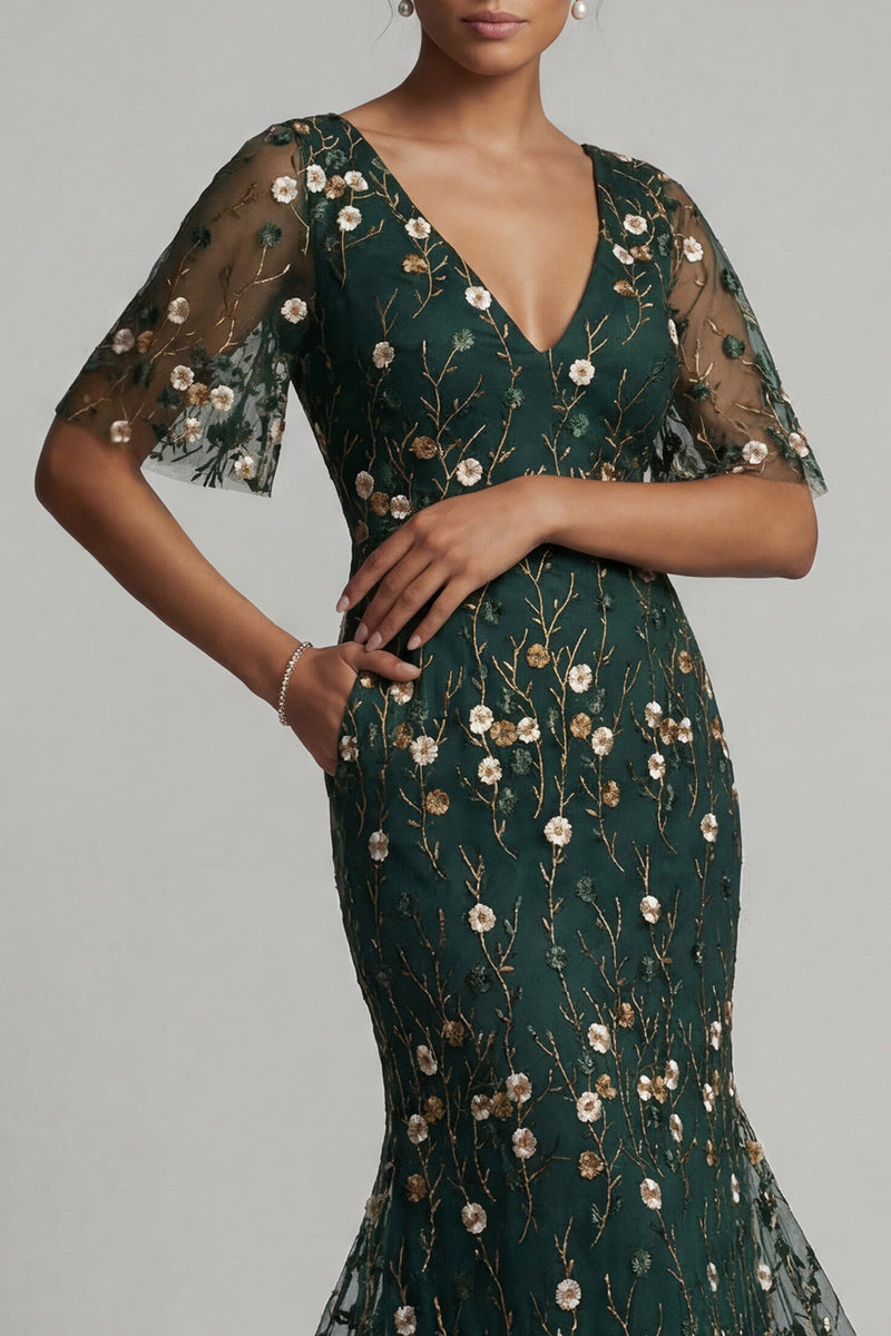 Load image into Gallery viewer, Mermaid Long V-Neck Dark Green Floral Mother of the Bride Dress