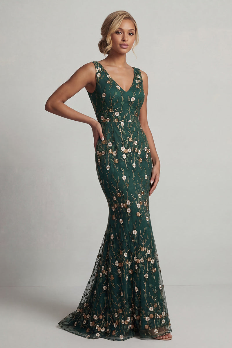Load image into Gallery viewer, V-Neck Dark Green Mermaid Floral Long Mother of the Bride Dress