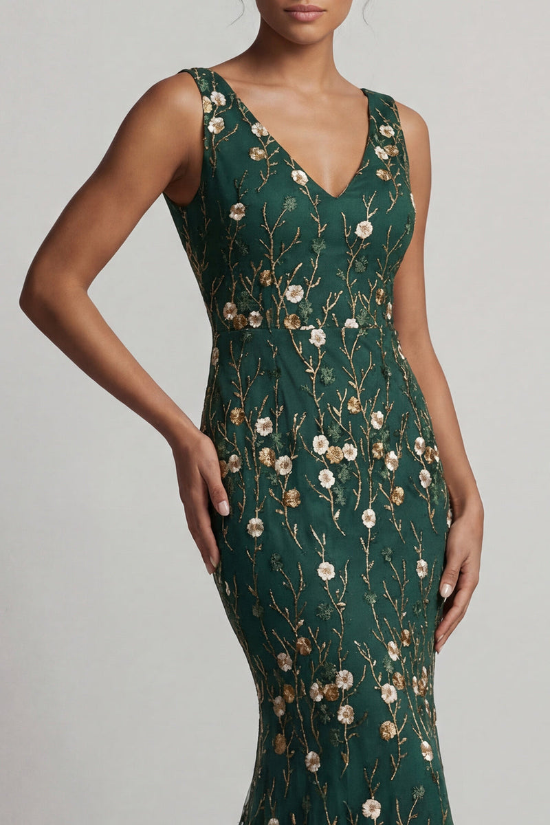 Load image into Gallery viewer, V-Neck Dark Green Mermaid Floral Long Mother of the Bride Dress