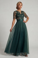 Load image into Gallery viewer, Half Sleeves A Line Dark Green Long Floral Mother of the Bride Dress