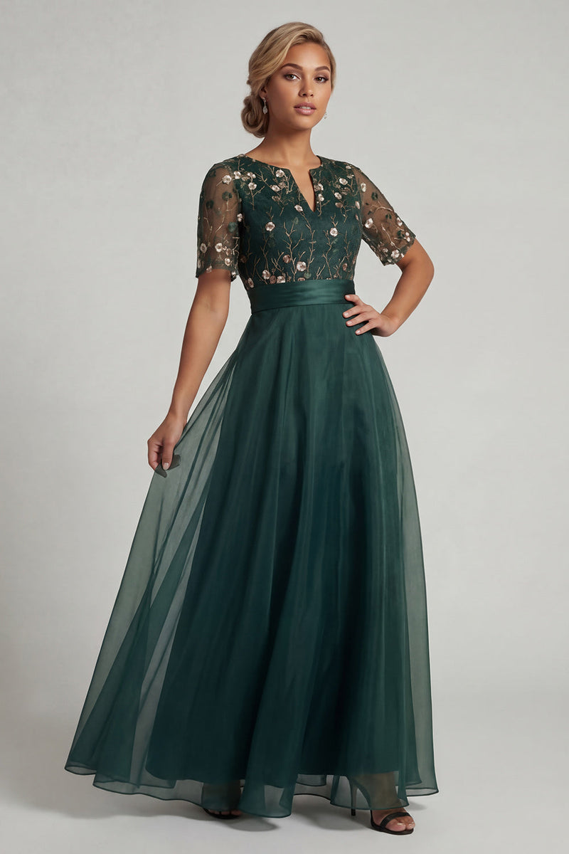 Load image into Gallery viewer, Half Sleeves A Line Dark Green Long Floral Mother of the Bride Dress