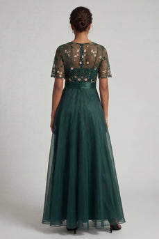 Half Sleeves A Line Dark Green Long Floral Mother of the Bride Dress