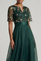 Load image into Gallery viewer, Half Sleeves A Line Dark Green Long Floral Mother of the Bride Dress