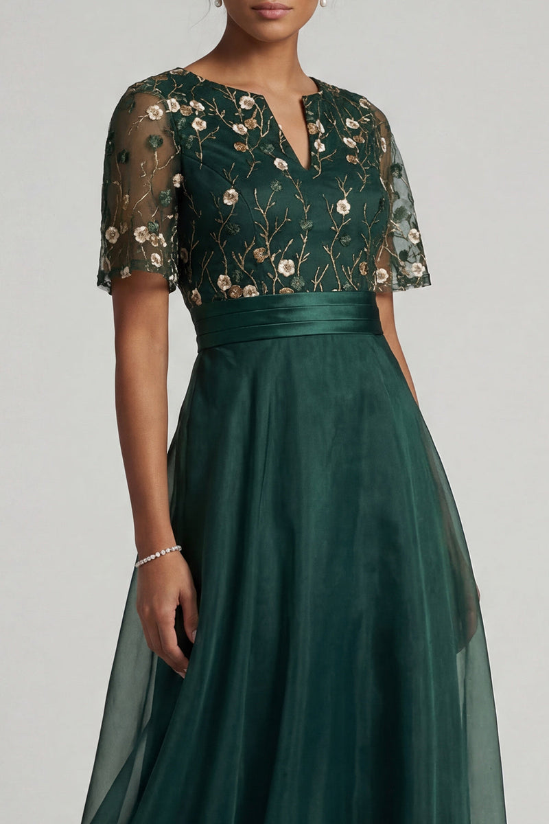Load image into Gallery viewer, Half Sleeves A Line Dark Green Long Floral Mother of the Bride Dress