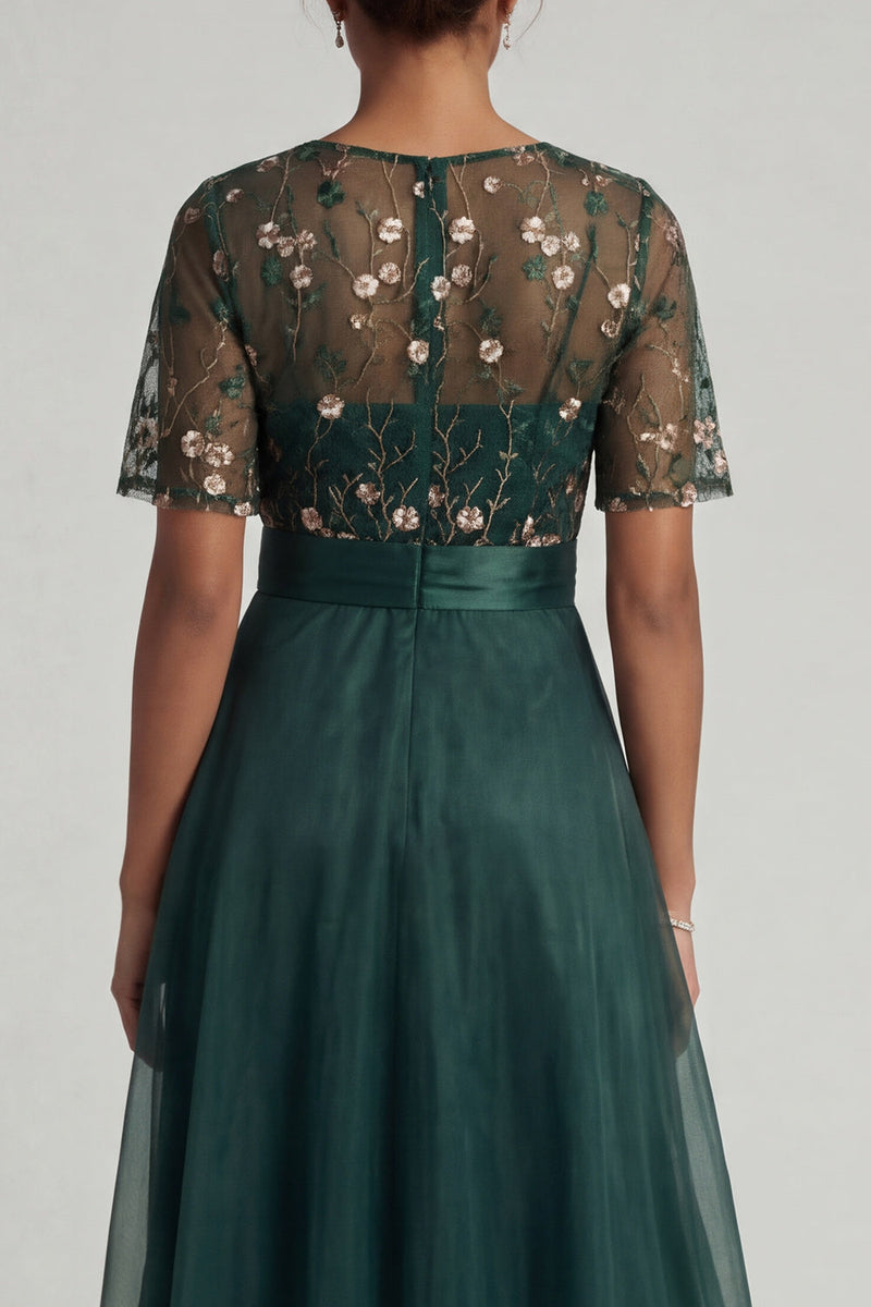 Load image into Gallery viewer, Half Sleeves A Line Dark Green Long Floral Mother of the Bride Dress