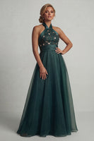 Load image into Gallery viewer, Halter A Line Dark Green Floral Long Mother of the Bride Dress