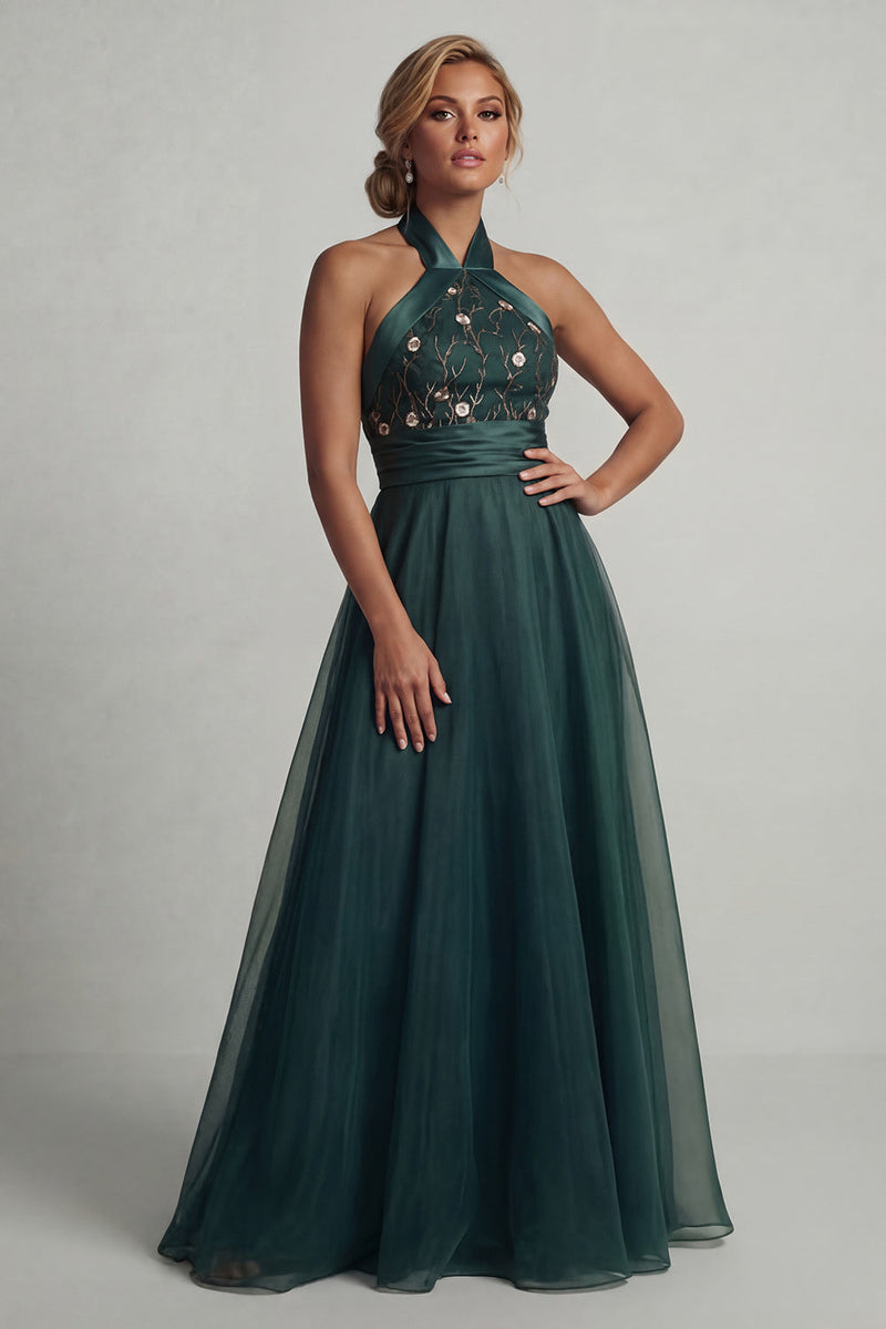 Load image into Gallery viewer, Halter A Line Dark Green Floral Long Mother of the Bride Dress