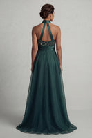 Load image into Gallery viewer, Halter A Line Dark Green Floral Long Mother of the Bride Dress