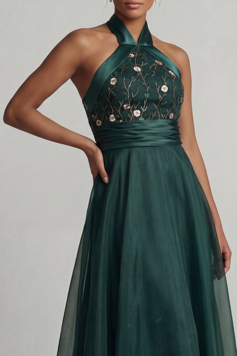 Load image into Gallery viewer, Halter A Line Dark Green Floral Long Mother of the Bride Dress