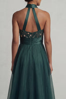 Load image into Gallery viewer, Halter A Line Dark Green Floral Long Mother of the Bride Dress