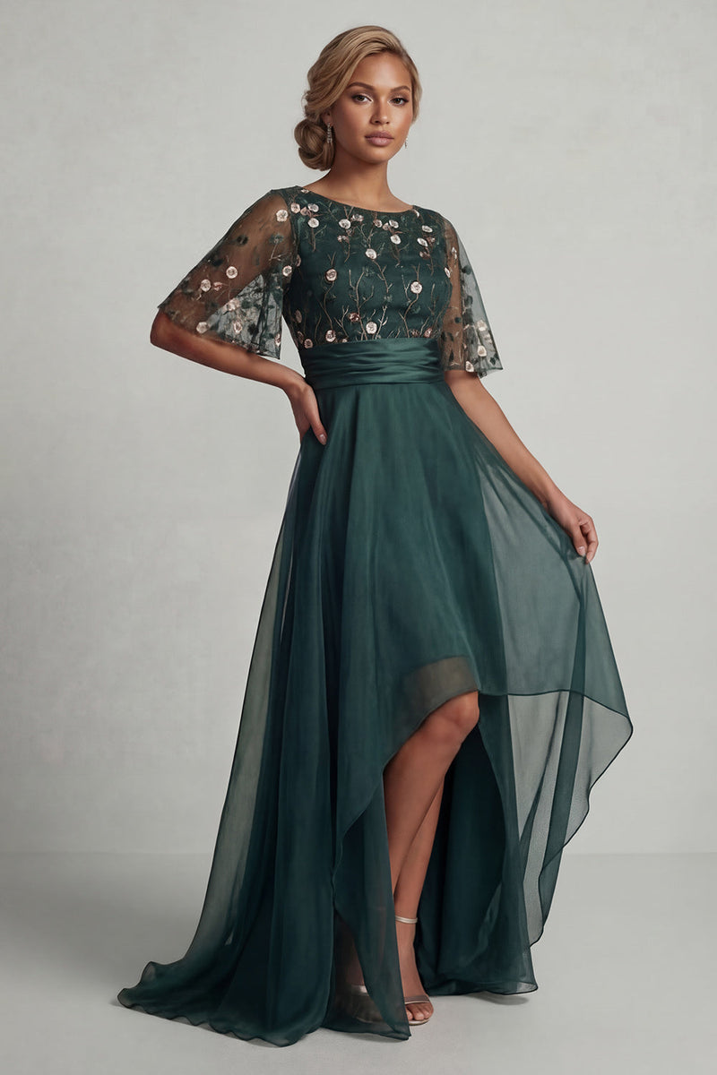 Load image into Gallery viewer, A Line Floral Dark Green High Low Boat Neck Mother of the Bride Dress