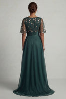 Load image into Gallery viewer, A Line Floral Dark Green High Low Boat Neck Mother of the Bride Dress