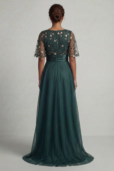 A Line Floral Dark Green High Low Boat Neck Mother of the Bride Dress