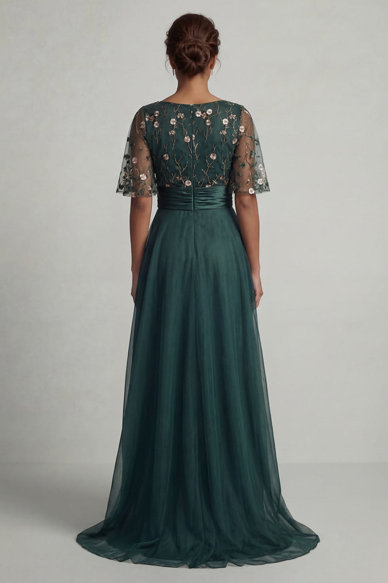 Load image into Gallery viewer, A Line Floral Dark Green High Low Boat Neck Mother of the Bride Dress
