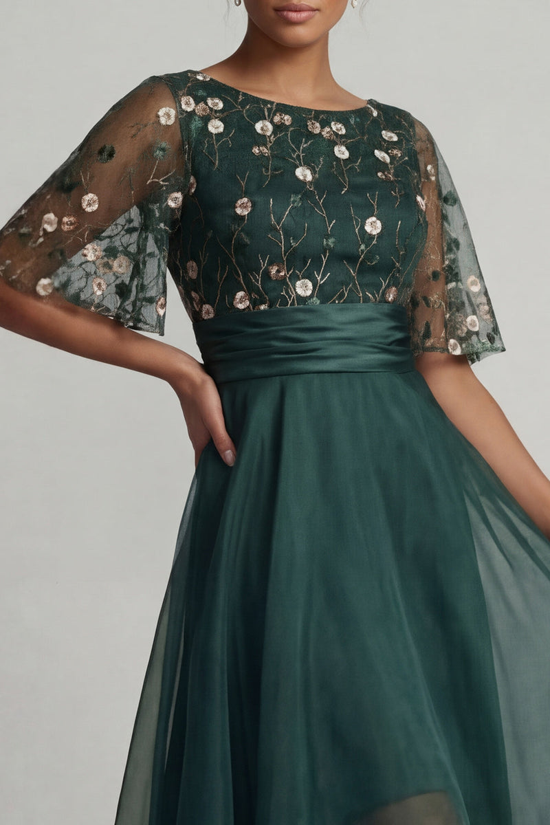 Load image into Gallery viewer, A Line Floral Dark Green High Low Boat Neck Mother of the Bride Dress