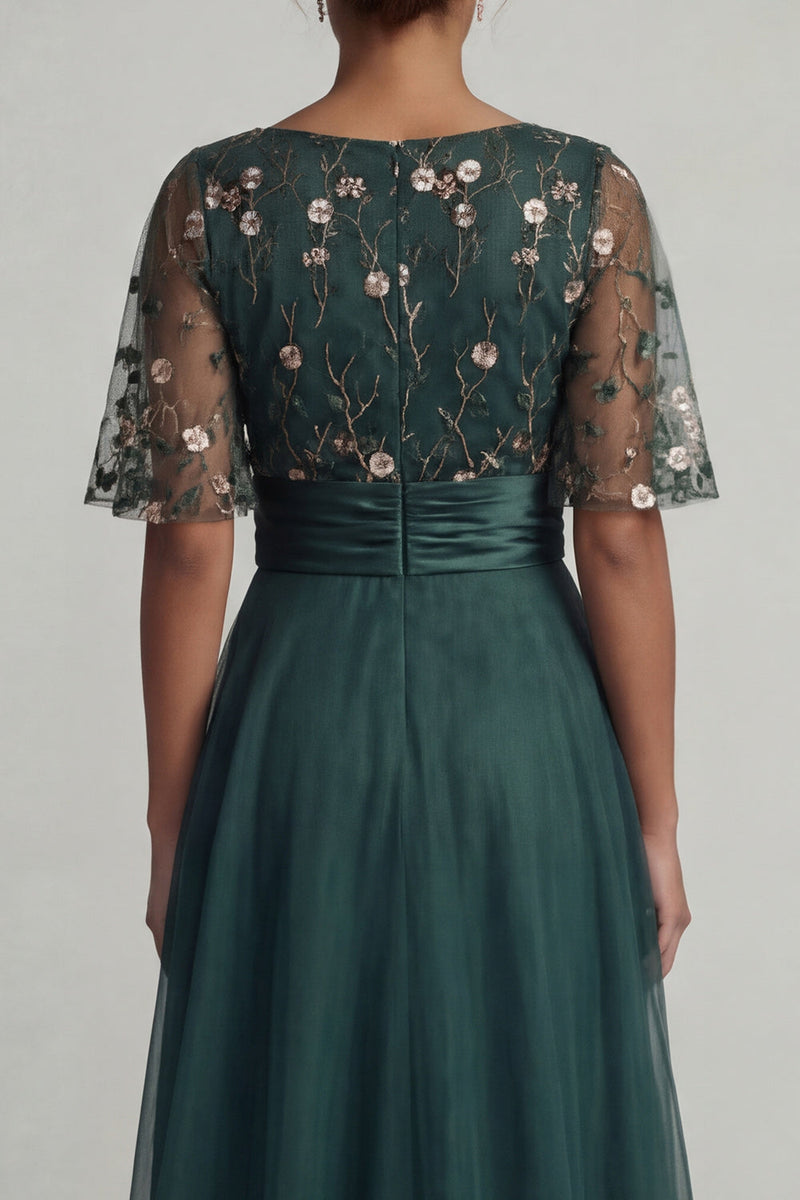 Load image into Gallery viewer, A Line Floral Dark Green High Low Boat Neck Mother of the Bride Dress