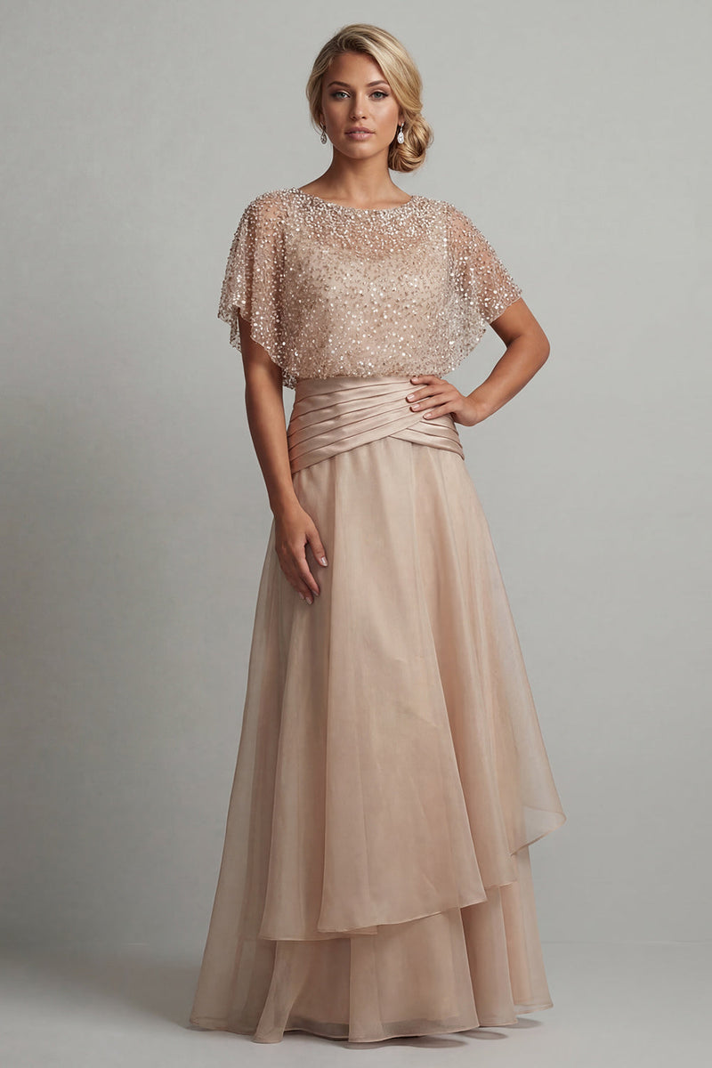 Load image into Gallery viewer, Beaded A Line Long Champagne Mother of the Bride Dress with Ruffles