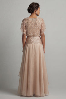 Beaded A Line Long Champagne Mother of the Bride Dress with Ruffles