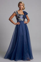 Load image into Gallery viewer, Square Neck A Line Navy Floral Long Mother of the Bride Dress with Bow