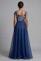 Load image into Gallery viewer, Square Neck A Line Navy Floral Long Mother of the Bride Dress with Bow