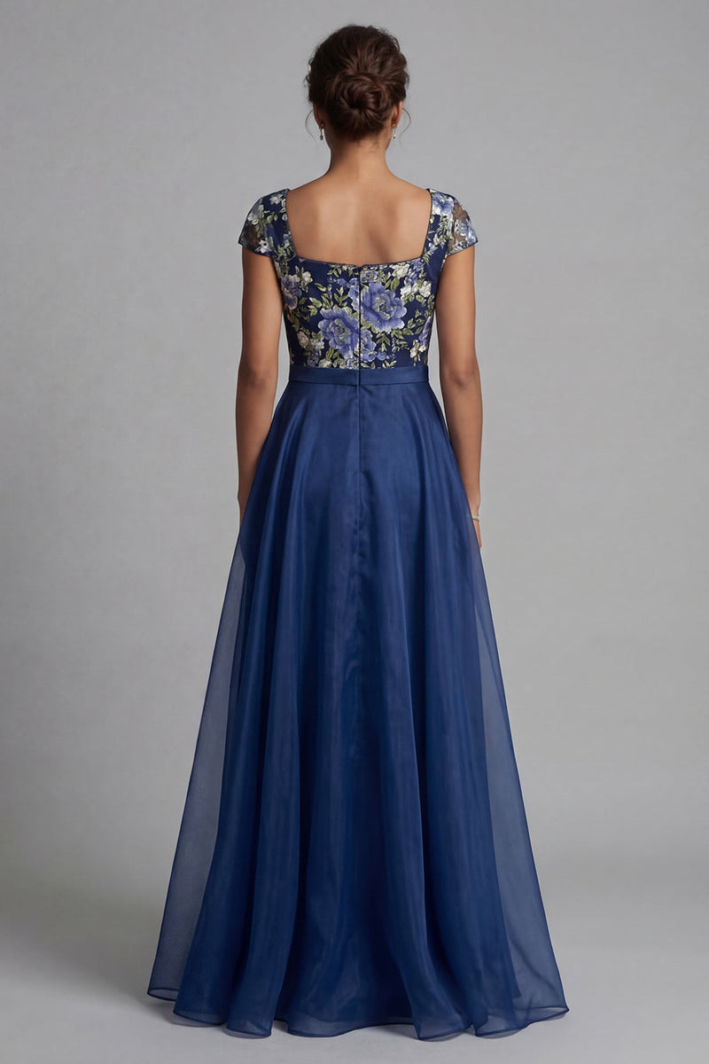Load image into Gallery viewer, Square Neck A Line Navy Floral Long Mother of the Bride Dress with Bow