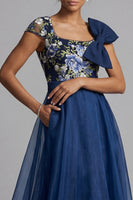 Load image into Gallery viewer, Square Neck A Line Navy Floral Long Mother of the Bride Dress with Bow