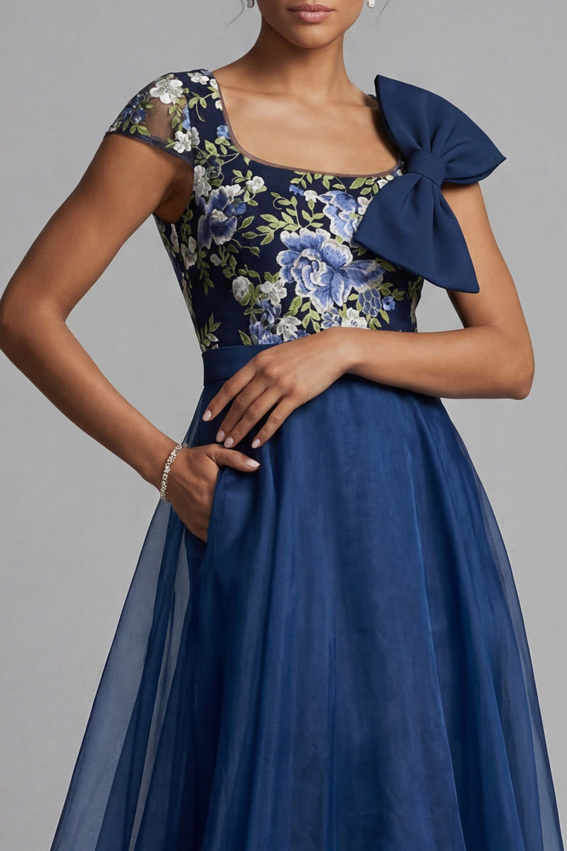 Load image into Gallery viewer, Square Neck A Line Navy Floral Long Mother of the Bride Dress with Bow