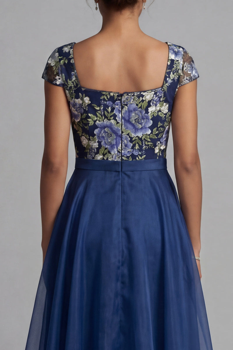 Load image into Gallery viewer, Square Neck A Line Navy Floral Long Mother of the Bride Dress with Bow