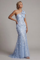 Load image into Gallery viewer, Long Sky Blue Mermaid Beaded Floral Mother of the Bride Dress with Bow