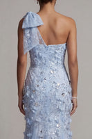 Load image into Gallery viewer, Long Sky Blue Mermaid Beaded Floral Mother of the Bride Dress with Bow