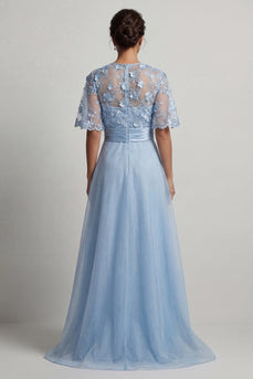 Sky Blue Floral A Line Long Mother of the Bride Dress