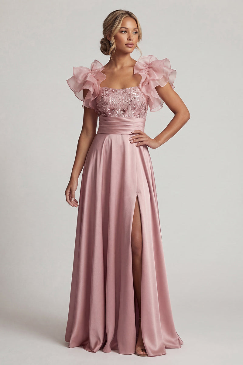 Load image into Gallery viewer, A Line Dusty Rose Long Beaded Floral Mother of the Bride Dress with Ruffles
