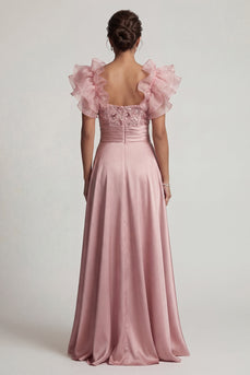 A Line Dusty Rose Long Beaded Floral Mother of the Bride Dress with Ruffles