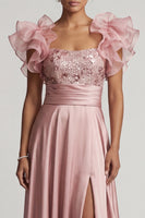 Load image into Gallery viewer, A Line Dusty Rose Long Beaded Floral Mother of the Bride Dress with Ruffles