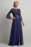 Load image into Gallery viewer, Navy A Line Boat Neck Ruched Long Mother of the Bride Dress with Slit