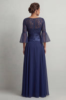 Load image into Gallery viewer, Navy A Line Boat Neck Ruched Long Mother of the Bride Dress with Slit