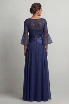 Navy A Line Boat Neck Ruched Long Mother of the Bride Dress with Slit