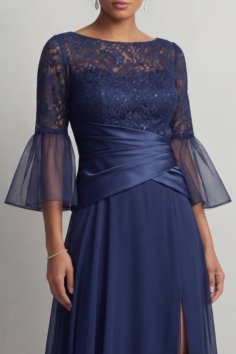 Load image into Gallery viewer, Navy A Line Boat Neck Ruched Long Mother of the Bride Dress with Slit