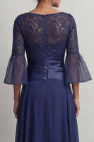 Load image into Gallery viewer, Navy A Line Boat Neck Ruched Long Mother of the Bride Dress with Slit