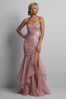 Load image into Gallery viewer, Sparkly Dusty Rose Sequin Mermaid Long Mother of the Bride Dress with Ruffles
