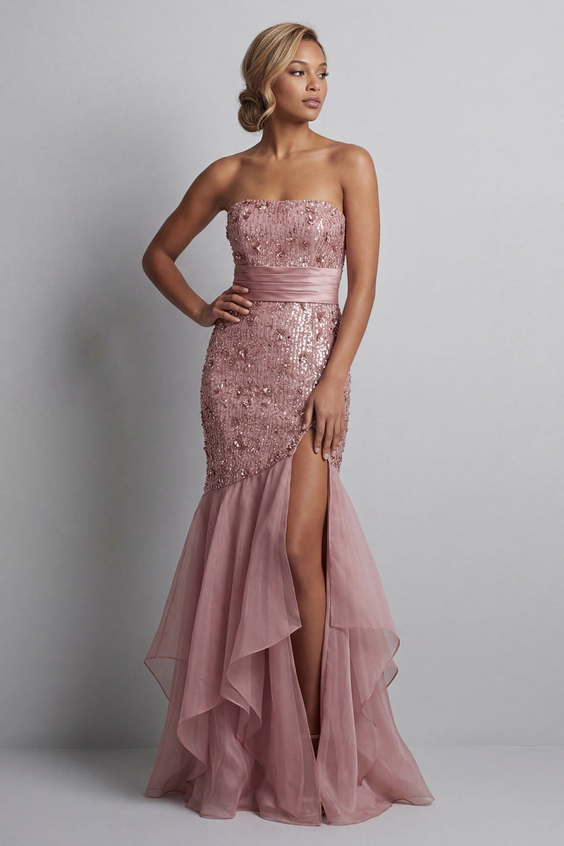 Load image into Gallery viewer, Sparkly Dusty Rose Sequin Mermaid Long Mother of the Bride Dress with Ruffles