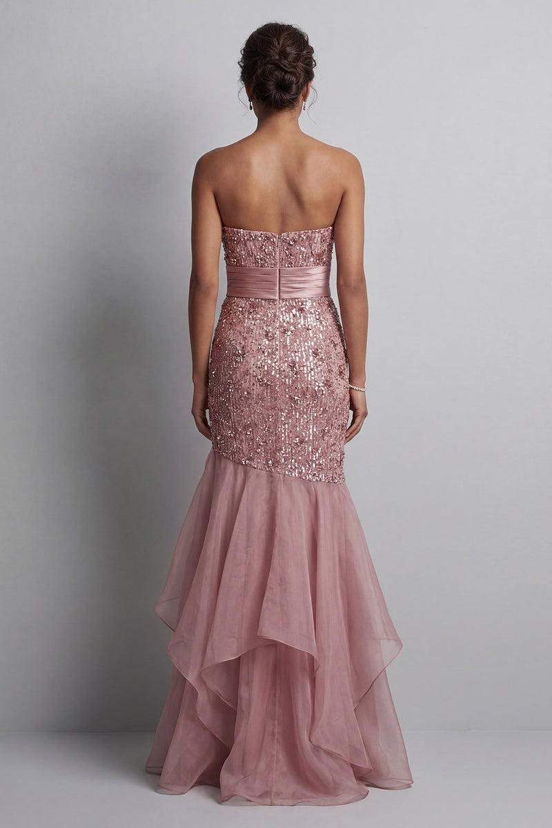 Load image into Gallery viewer, Sparkly Dusty Rose Sequin Mermaid Long Mother of the Bride Dress with Ruffles