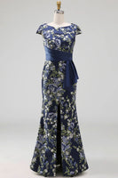 Load image into Gallery viewer, Navy Floral Mermaid Long Mother of the Bride Dress with Slit