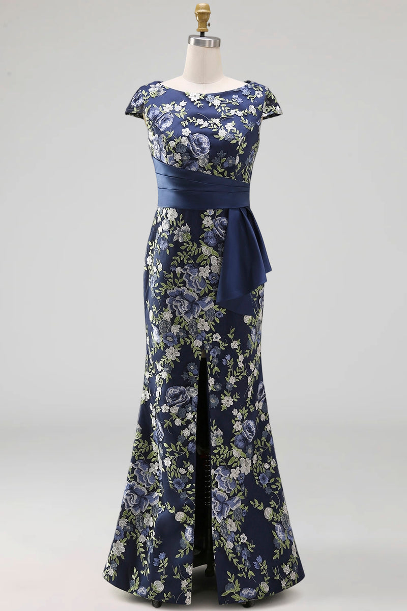 Load image into Gallery viewer, Navy Floral Mermaid Long Mother of the Bride Dress with Slit