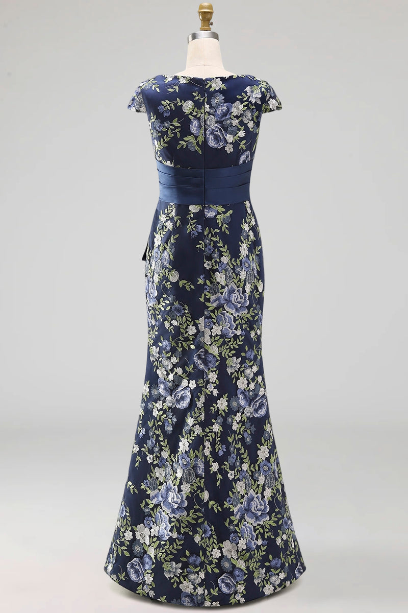 Load image into Gallery viewer, Navy Floral Mermaid Long Mother of the Bride Dress with Slit
