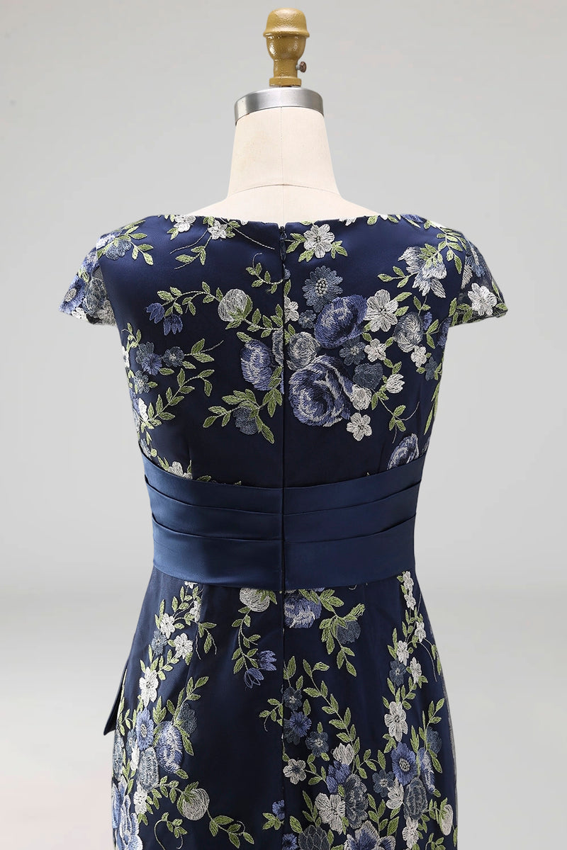 Load image into Gallery viewer, Navy Floral Mermaid Long Mother of the Bride Dress with Slit