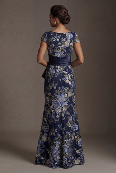 Navy Floral Mermaid Long Mother of the Bride Dress with Slit