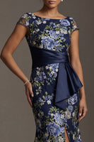 Load image into Gallery viewer, Navy Floral Mermaid Long Mother of the Bride Dress with Slit