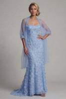 Load image into Gallery viewer, Sparkly Mermaid Sky Blue Floral Beaded Long Mother of the Bride Dress with Shawl