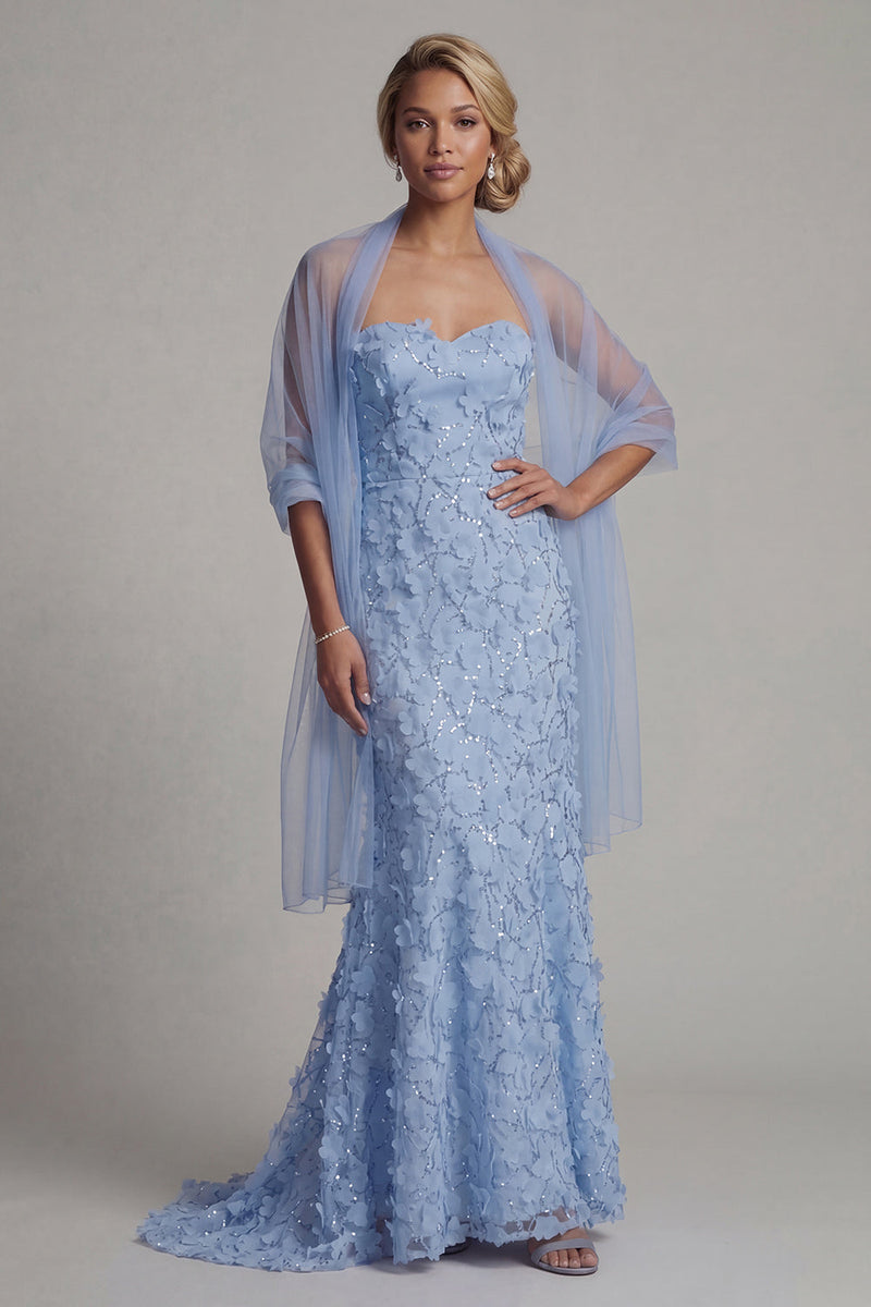 Load image into Gallery viewer, Sparkly Mermaid Sky Blue Floral Beaded Long Mother of the Bride Dress with Shawl